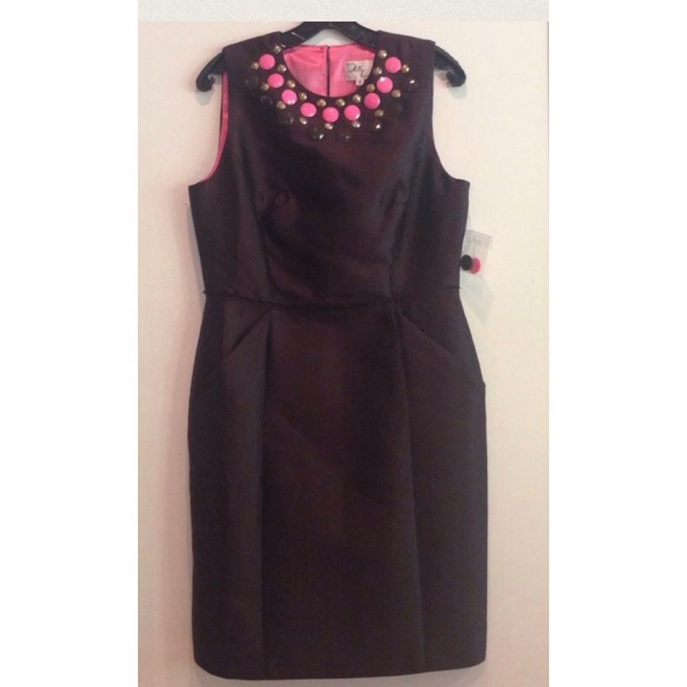 Milly Embellished Collar Brown and Pink Sleeveless Dress. Size 12 NWT